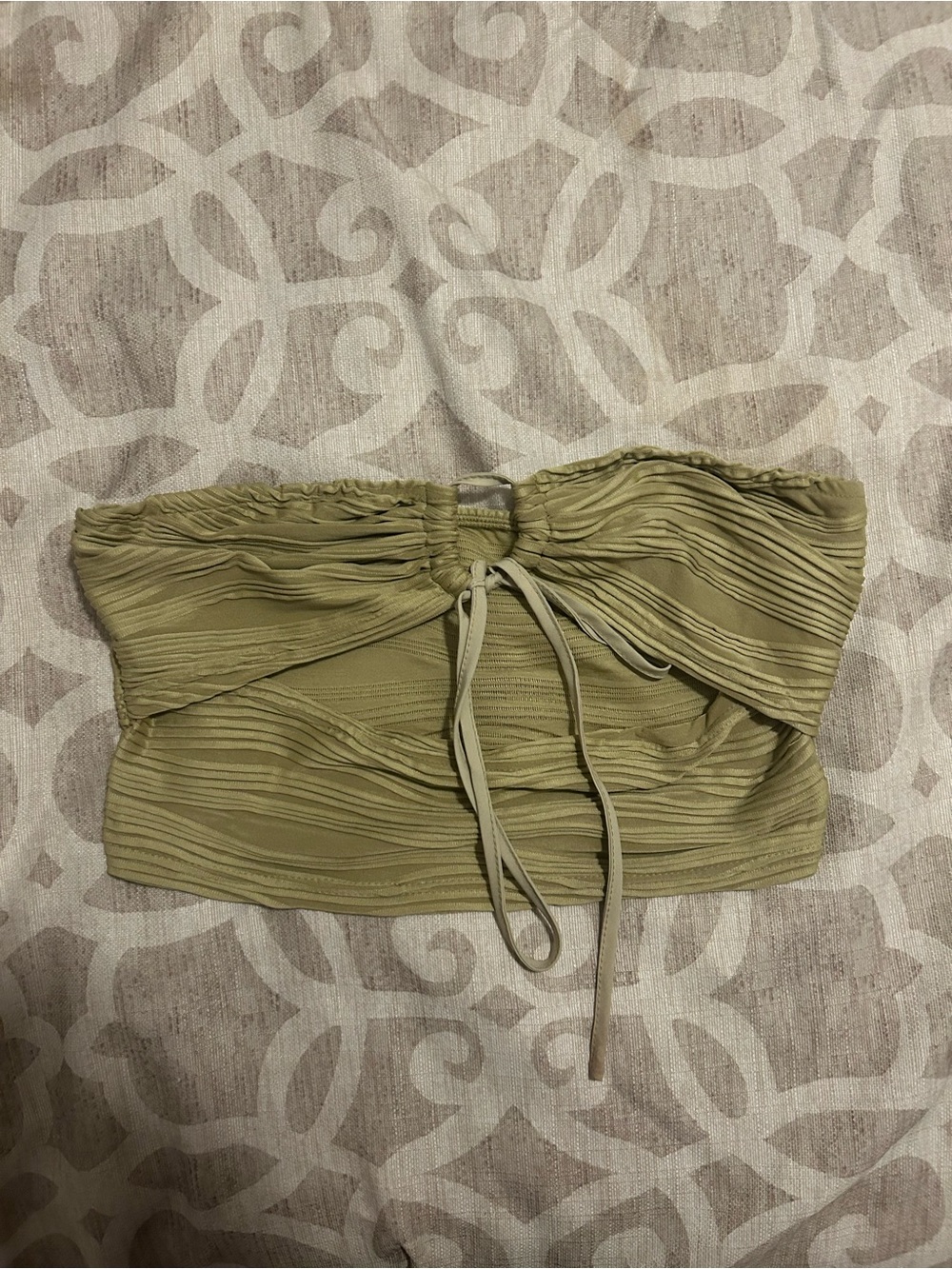 SHEIN Olive Green Strapless Ruched Tie-Front Crop Top